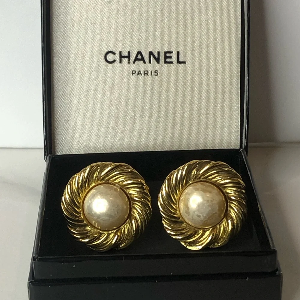 CHANEL 24k Gold Plated and Faux Pearl Earrings w/ BOX
